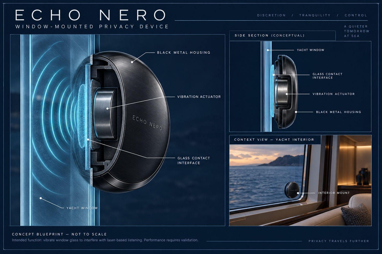 ECHO NERO concept blueprint showing window-mounted installation, side section view, vibration actuator, and yacht interior context