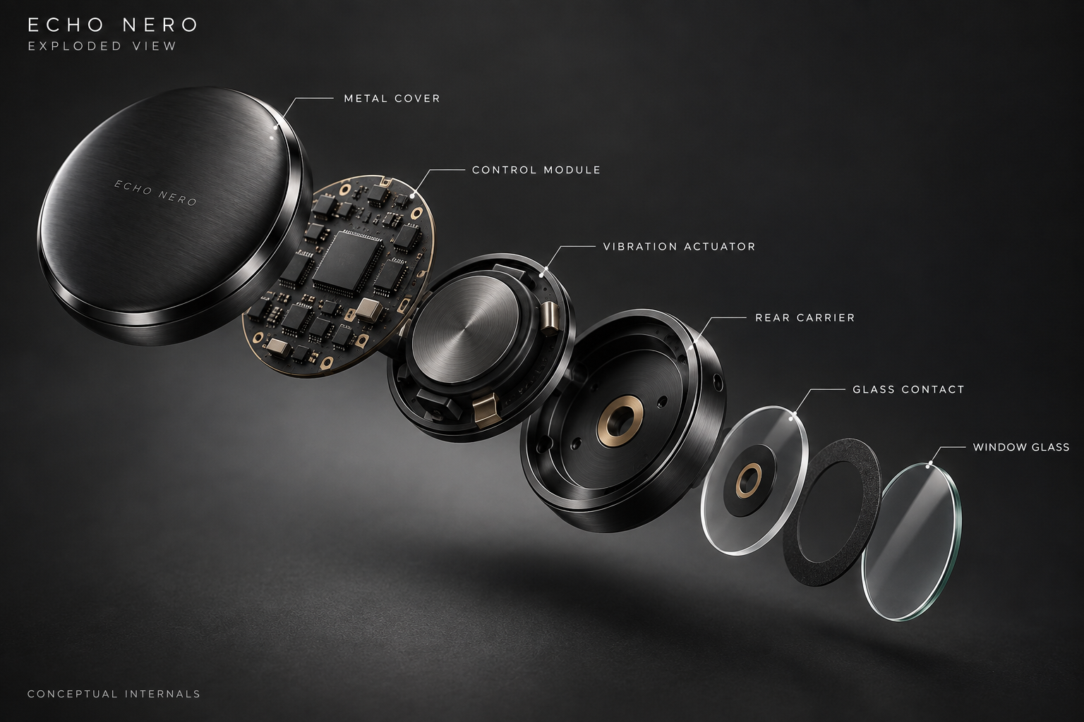 ECHO NERO exploded view showing metal cover, control module, vibration actuator, rear carrier, glass contact, and window glass