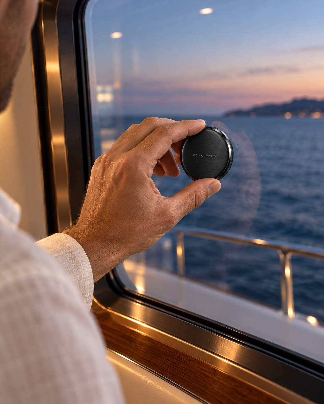ECHO NERO being placed against a yacht window at sunset
